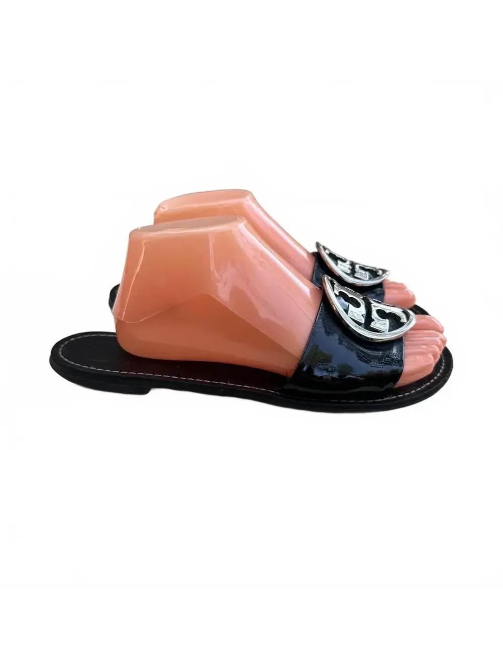 Tory Burch Grania Black Patent Leather Slide Sandals Silver Logo Size 10